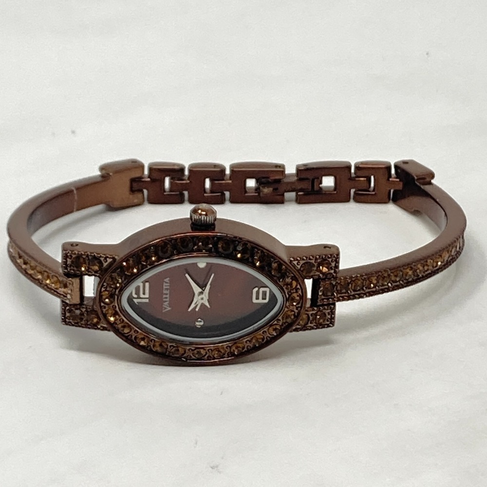 Valletta Watch Women Brown Metallic Orange Crystals Autumn Oval New Battery 6.5" - Picture 11 of 16